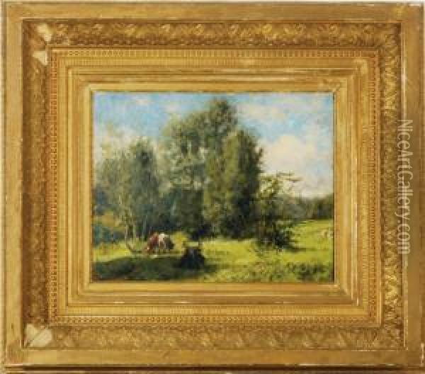Cows Grazing In A Forest Clearing Oil Painting - Thaddeus Welch