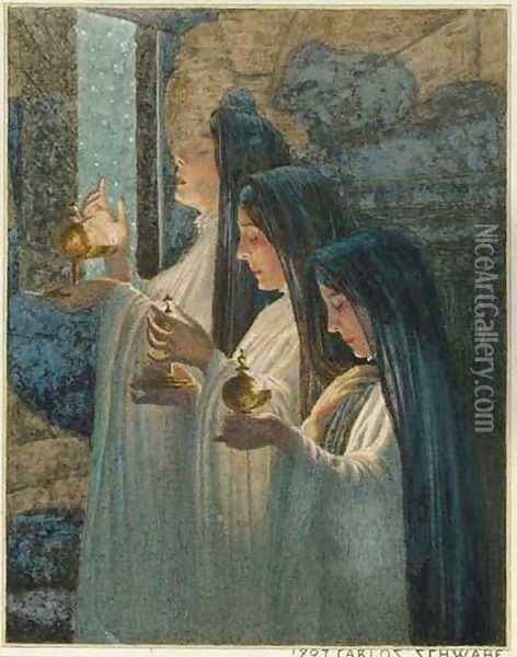Three Wise Virgins Oil Painting - Carlos Schwabe