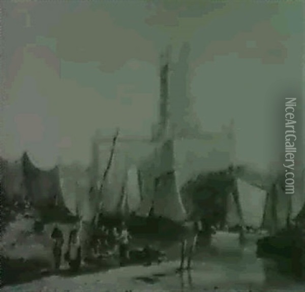 Blick Vom Hafen Mit Reicher Bootsstaffage Auf Die Kathedralevon Gloucester Oil Painting - William Raymond Dommersen