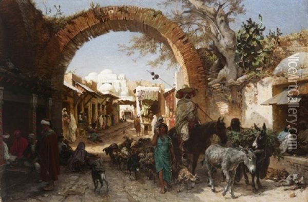 Scene De Marche Devant Sidi Mahrez Oil Painting - Alois Schoenn