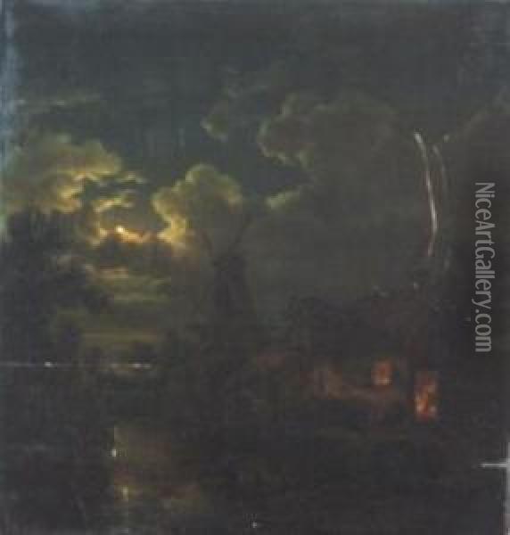 Moonlight Scene Oil Painting - Henri Van Assche
