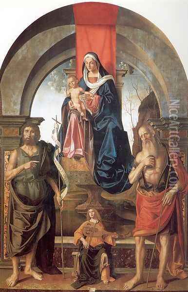 Virgin and Child Enthroned between Saints John the Baptist and Jerome 1510 Oil Painting - Marco Palmezzano