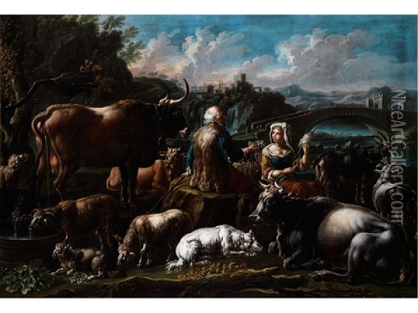Hirtenszenen Mit Zwei Figuren Und Herde In Einer Landschaft Oil Painting - Domenico Brandi