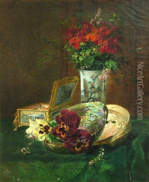 A Still Life With Pansies In A Conch Shell,flowers In A Vase And A Jewelry Box Oil Painting - Gustave-Emile Couder