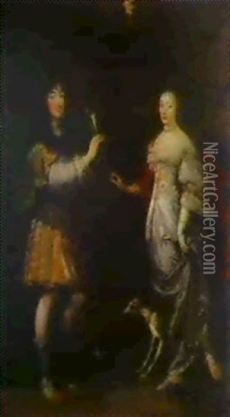 Portrait En Pied De Philippe De Bourbon, Duc D'orleans Et   D'henriette Anne D'angleterre, Duchesse D'orleans Oil Painting - Pierre Mignard the Elder