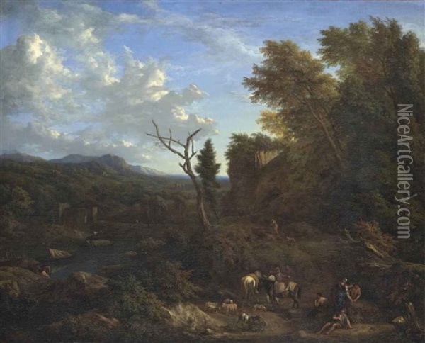 Paysage Montagneux Avec Des Bergers Pres D'un Lac Oil Painting - Jan Baptiste Huysmans