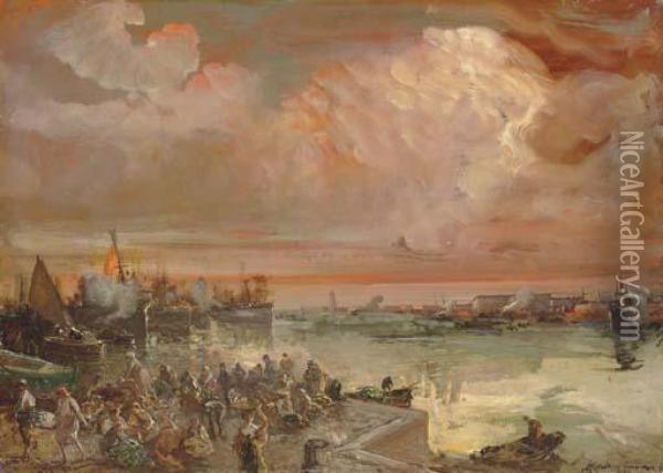 Sunset Over The Port Of Genoa Oil Painting - Pompeo Mariani