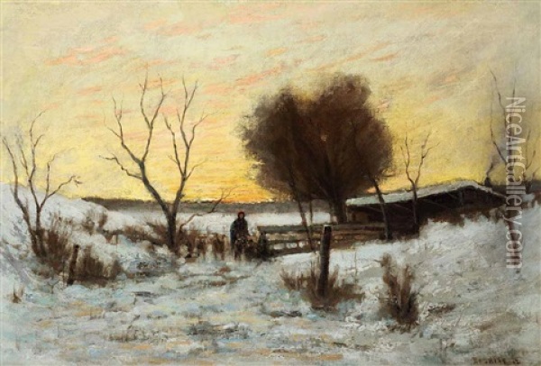 Shepherd And His Flock, Winter Oil Painting - Arthur Dominique Rozaire