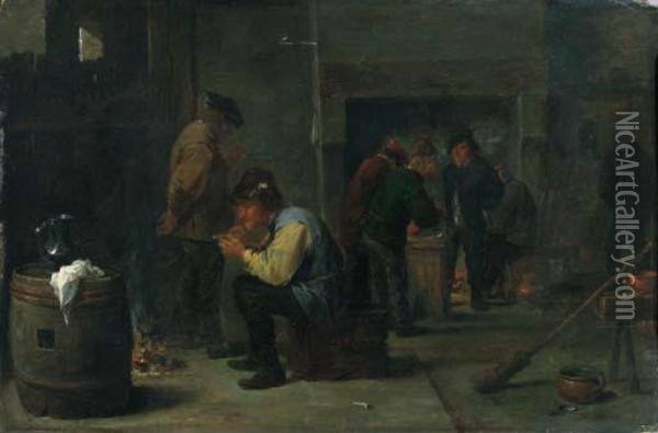 Peasants Smoking Others Standing By A Fireplace Beyond Oil Painting - David The Younger Teniers