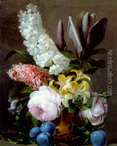 Bouquet De Fleurs Dans Un Vase Sur Un Entablement Oil Painting - Edouard Joseph Francois Autrique