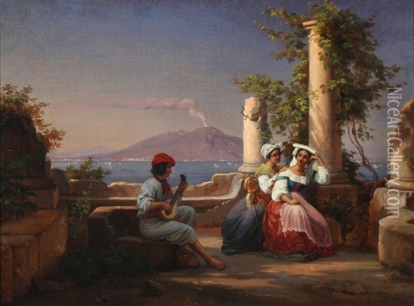 View From Naples With Young Italian Women And A Mandolin Player Oil Painting - Frederik Ludwig Storch