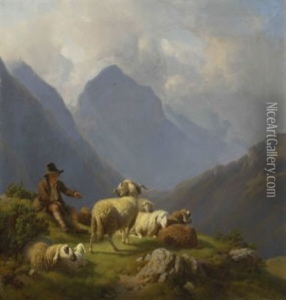 Rastender Hirtenknabe Mit Ruhenden Schafen In Gebirgslandschaft Oil Painting - Robert Eberle