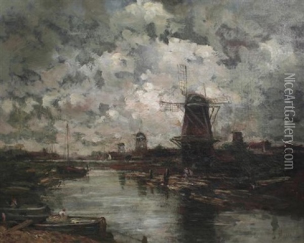 Windmills Along A Canal Oil Painting - Jacob Henricus Maris