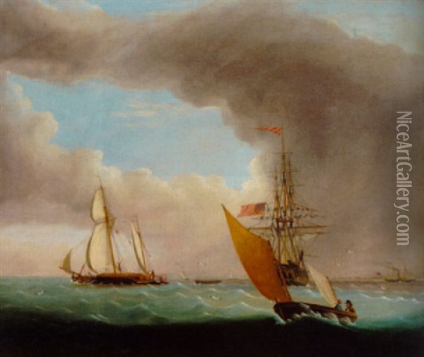 A Frigate Anchored Amidst Other Shipping Oil Painting - Miles Walters