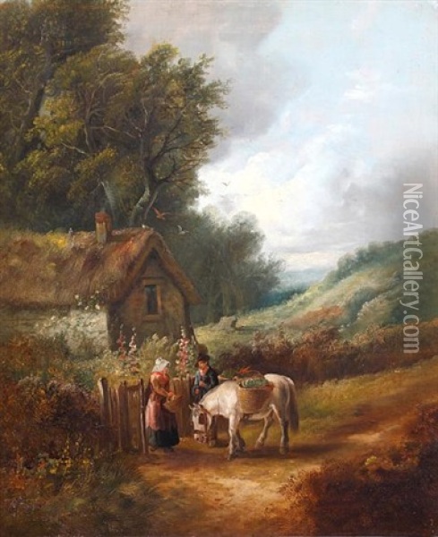 Figures And Horse Before A Country Cottage (+ Figures On A Woodland Path; Pair) Oil Painting - John Joseph (of Bath) Barker