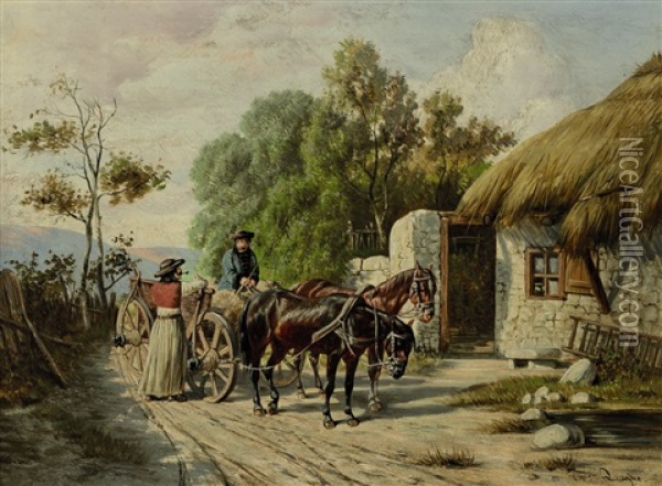 Ungarisches Pferdefuhrwerk Vor Schilfgedecktem Bauernhaus Oil Painting - Franz Quaglio