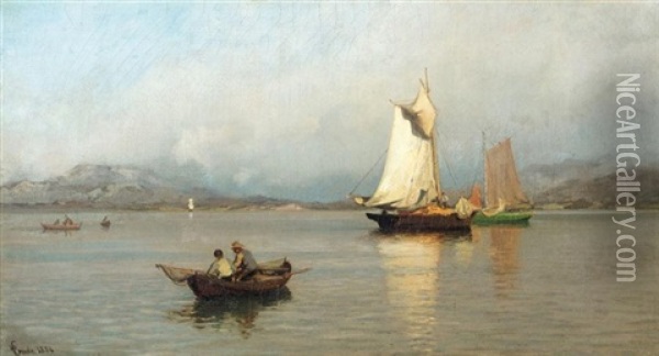 Fiskebater Ved Kysten (fishing Boats Off The Coast) Oil Painting - Hans Frederick Gude