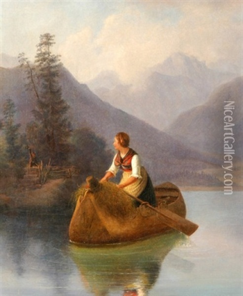 Bergsee Mit Boot Und Junger Sennerin, Im Hintergrund Ihr Winkender Geliebter Oil Painting - August Anton Tischbein