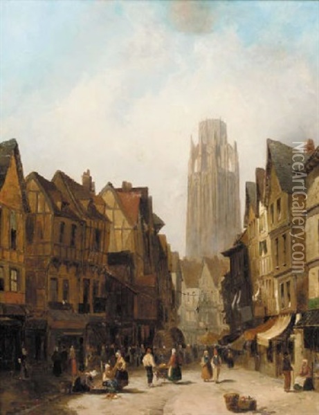 Figures In A Continental Street, A Cathedral Beyond Oil Painting - John Cheltenham Wake