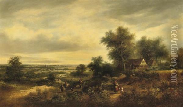 Villagers On A Hill-top, A Panoramic Landscape Beyond Oil Painting - Pieter Lodewijk Francisco Kluyver
