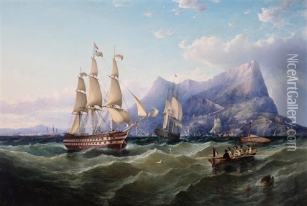 A View Of The Rock Of Gibraltar With Frigates And A Dinghy With Figures In The Foreground Oil Painting - John Wilson