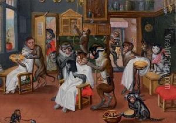 Les Singes Perruquiers Oil Painting - Ferdinand van Kessel