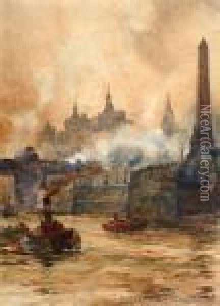 Shipping On The Thames, Beside Cleopatra's Needle Oil Painting - Charles Edward Dixon