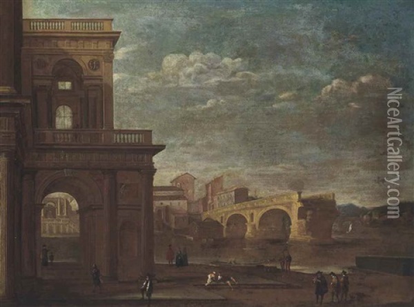 The Ponte Rotto, Rome, With Figures Before A Palace In The Foreground And Shipping On The Tiber Beyond Oil Painting - Viviano Codazzi