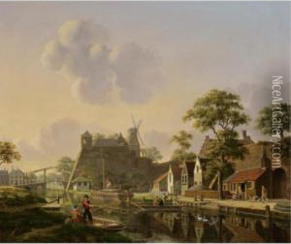 A Town At A Canal Oil Painting - Jan Hendrik Verheijen