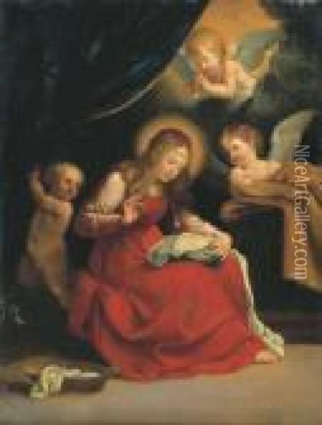 The Virgin Sewing, Accompanied By Two Angels And A Putto Oil Painting - Guido Reni