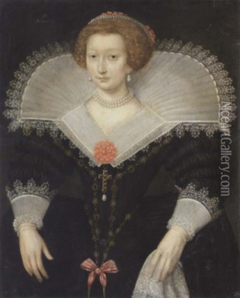 A Portrait Of A Lady Wearing A Black Dress And White Lace Collar Oil Painting - Frans Pourbus the younger
