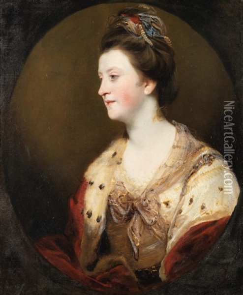Portrait Of Emily Mary, Duchess Of Leinster, Bust-length, In A Pink Dress And Ermine Shawl, Within A Painted Oval Oil Painting - Joshua Reynolds