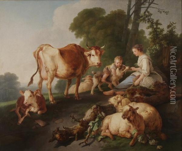 Shepherd With Sheeps And Cows Oil Painting - Jean-Baptiste Huet I