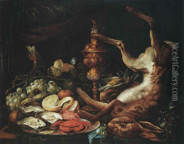 A Still Life Of A Dead Hare And Birds, With A Platter Of Seafood And A Lemon, With Grapes And Insects, And A Gilt Cup And Cover Oil Painting - Philip Saurland