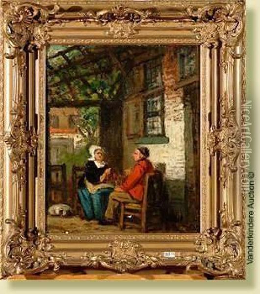 Vieux Couple Devant La Maison Oil Painting - Adrien De Braeckeleer