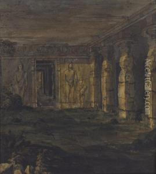 The Interior Of The Rock-cut Temple At Kondivate, Near Bombay, India Oil Painting - James Wales