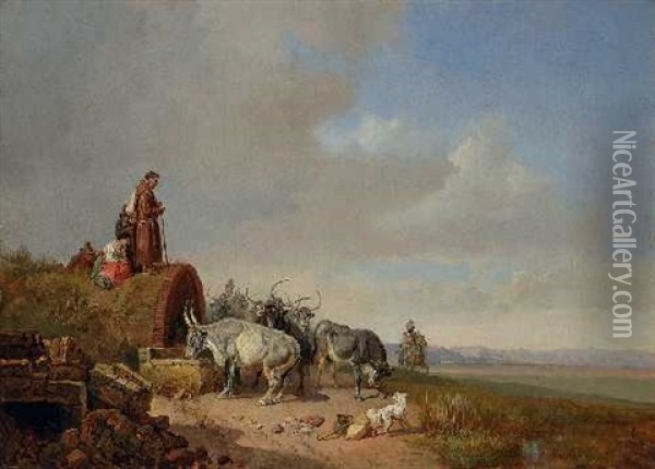 Rinderherde An Einem Brunnen In Der Campagna Oil Painting - Heinrich Buerkel