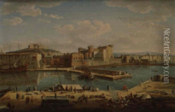 Vue De L'entree Du Port De Naples Avec Le Maschio Angioino Et Le Vomero Oil Painting - Hendrick Frans van Lint