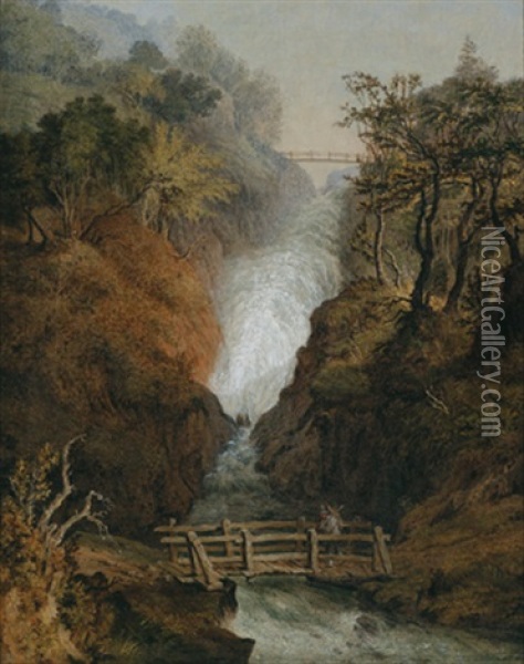 Wasserfall Mit Holzsammler Auf Der Brucke Oil Painting - Anton Schiffer