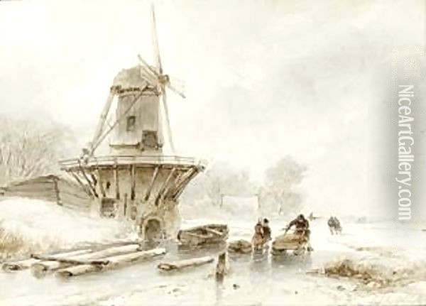A Winter Landscape With A Windmill And Skaters On The Ice Oil Painting - Andreas Schelfhout