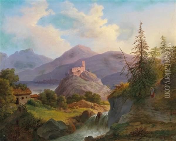 Landscape With Mountain Torrent And Castle In The Distance Oil Painting - Matthias Rudolf Toma