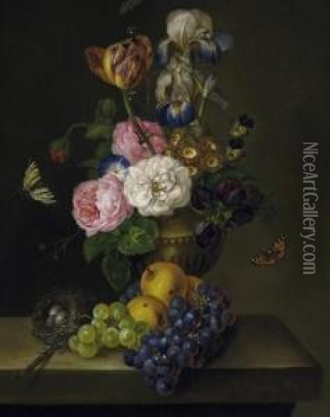 Still Life. A Vase With 
Spring-flowers Next To Grapes, Apples And A Birds' Nest On A Table 
Plate. Signed And Dated On The Plate: F. Petter 1812 Oil Painting - Franz Xaver Petter