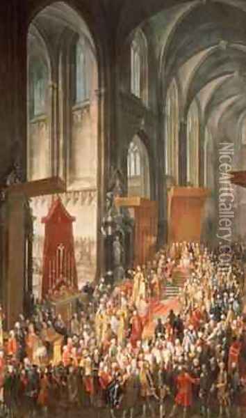 The Investiture Joseph II 1741-90 following his coronation as Emperor of Germany in Frankfurt Cathedral 1764 Oil Painting - Martin II Mytens or Meytens