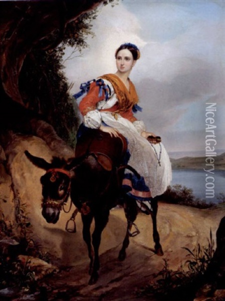 Portrait Of Olga Ferzen On A Donkey Oil Painting - Karl Pavlovich Bryullov