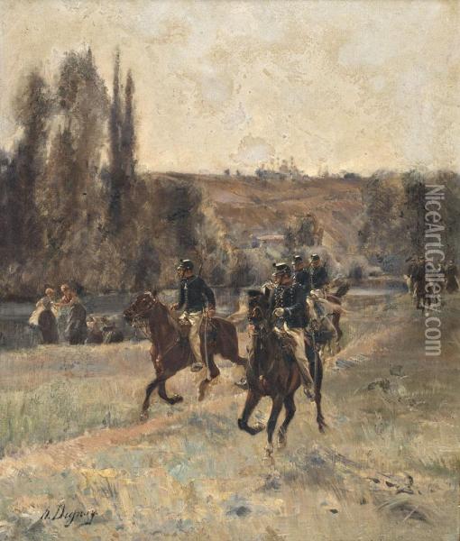 Paisagem Com Cavaleiros E Lavadeiras Oil Painting - Henri-Louis Dupray