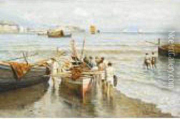 Marina Con Pescatori Oil Painting - Attilio Pratella