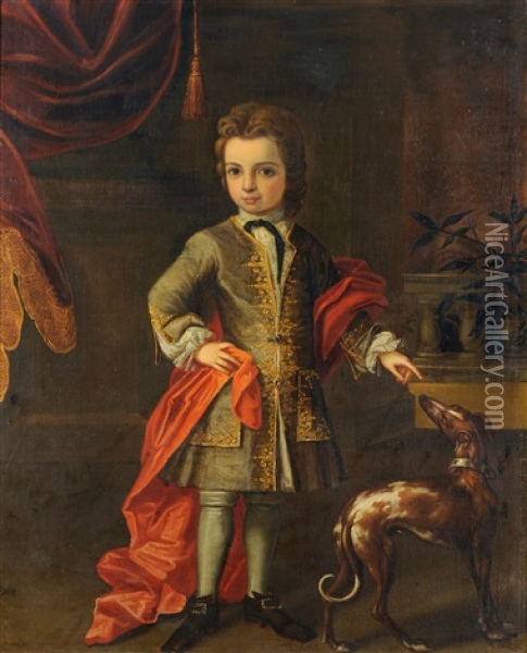 Portrait Of A Young Boy, Standing, Wearing An Embroidered Coat And Red Shawl, A Greyhound Nearby Oil Painting - Stephen Slaughter