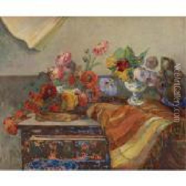 Bouquets Et Ceramique Sur Une Commode Oil Painting - Paul Gauguin