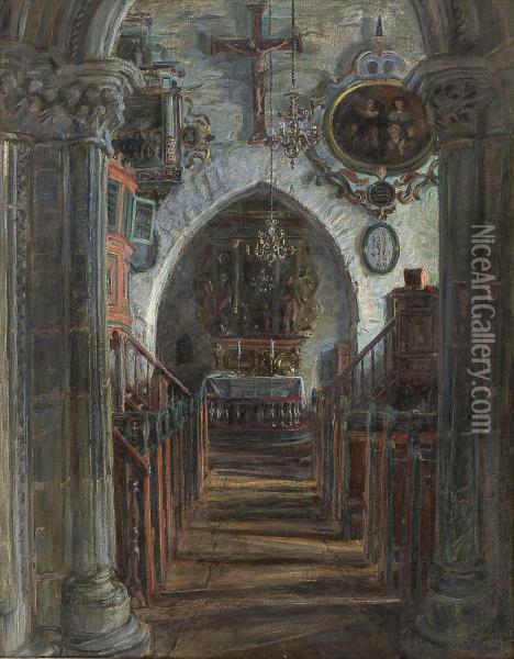 Interior Fra Dale Kirke I Luster Oil Painting - August Eiebakke