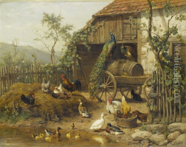 Grosser Huhnerhof Mit Pfau, Enten, Gansen Und Huhnern Oil Painting - Carl Jutz the Elder
